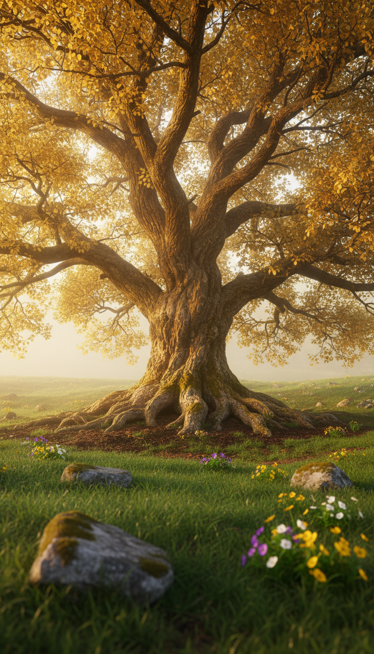 A powerful, golden-hued oak tree in full bloom, its thick, textured trunk and sprawling roots gripping fertile, dark earth at the center of a lush green clearing. The scene is set in softly diffused morning light filtering through a light mist, highlighting the tree’s intricate bark and the vibrant leaves above. Around the tree, a few scattered stones and wildflowers lend rustic contrast. The composition utilizes a low-angle perspective to emphasize the oak’s majesty and rooted strength, symbolizing enduring transformation. The overall aesthetic is nature-inspired, minimalist, and uplifting, reflecting deep growth and unshakeable foundations.