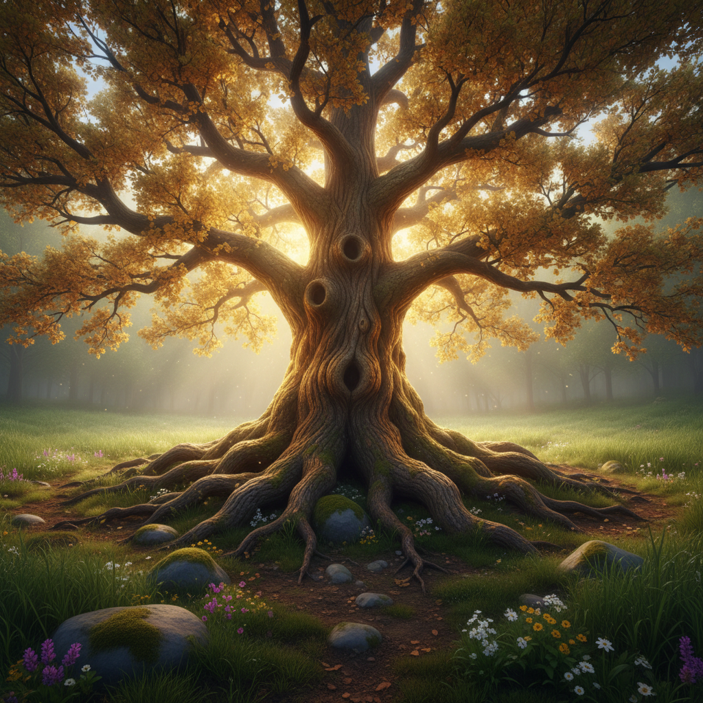 A powerful, golden-hued oak tree in full bloom, its thick, textured trunk and sprawling roots gripping fertile, dark earth at the center of a lush green clearing. The scene is set in softly diffused morning light filtering through a light mist, highlighting the tree’s intricate bark and the vibrant leaves above. Around the tree, a few scattered stones and wildflowers lend rustic contrast. The composition utilizes a low-angle perspective to emphasize the oak’s majesty and rooted strength, symbolizing enduring transformation. The overall aesthetic is nature-inspired, minimalist, and uplifting, reflecting deep growth and unshakeable foundations.