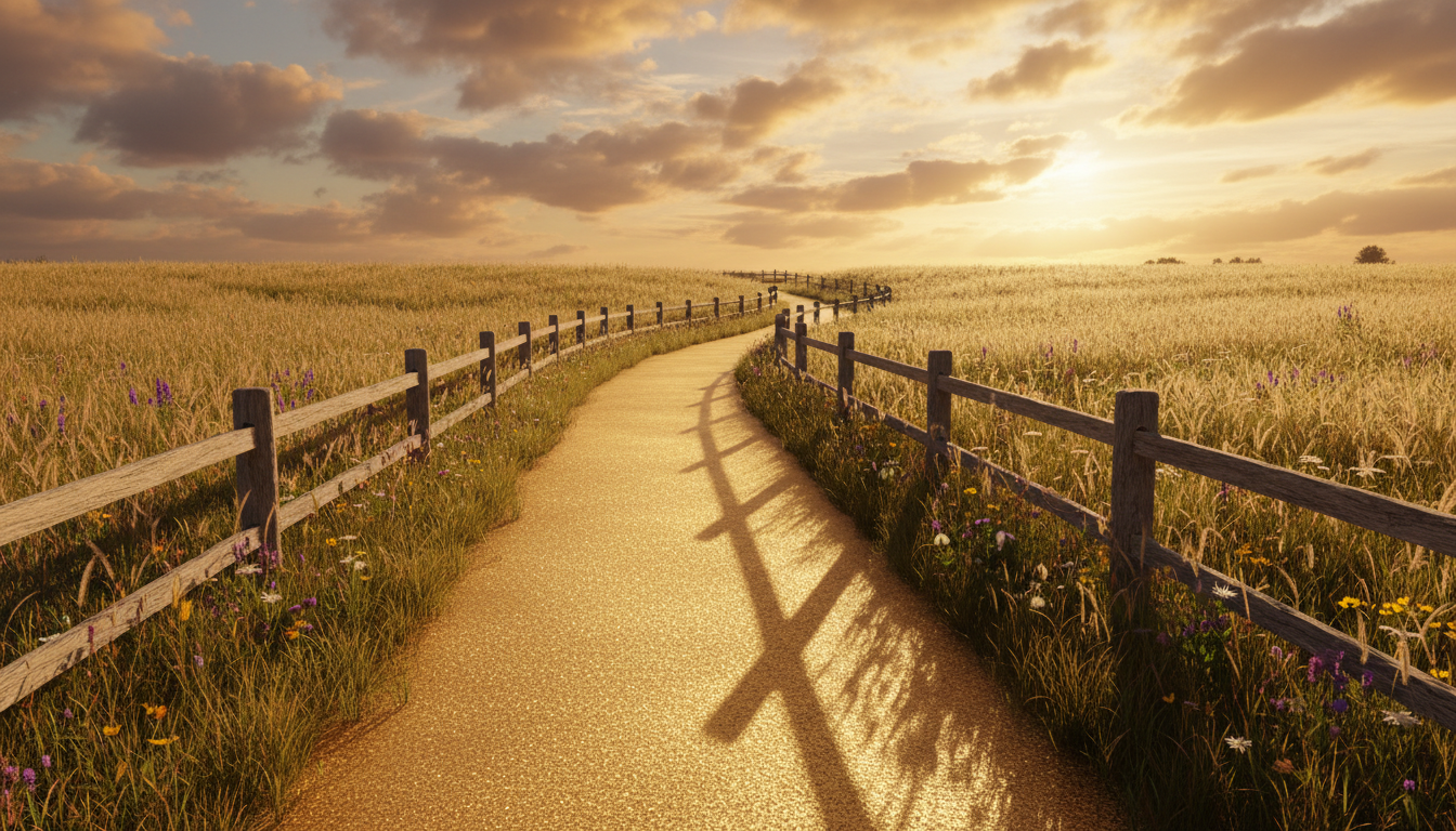 A radiant golden pathway winding through a field of tall, gently swaying grass, bordered by low, weathered wooden fences and scattered wildflowers. The pathway glows under a warm golden hour sky, with long, theatrical shadows stretching across the grass and soft clouds illuminated overhead. The framing uses the rule of thirds to reinforce a sense of purposeful journey and bold, faith-filled steps forward. The tone is optimistic and fresh, with a clean, modern photographic style and vibrant natural colors, embodying the journey of transformation and courage inspired by PowerHouse Coaching.
